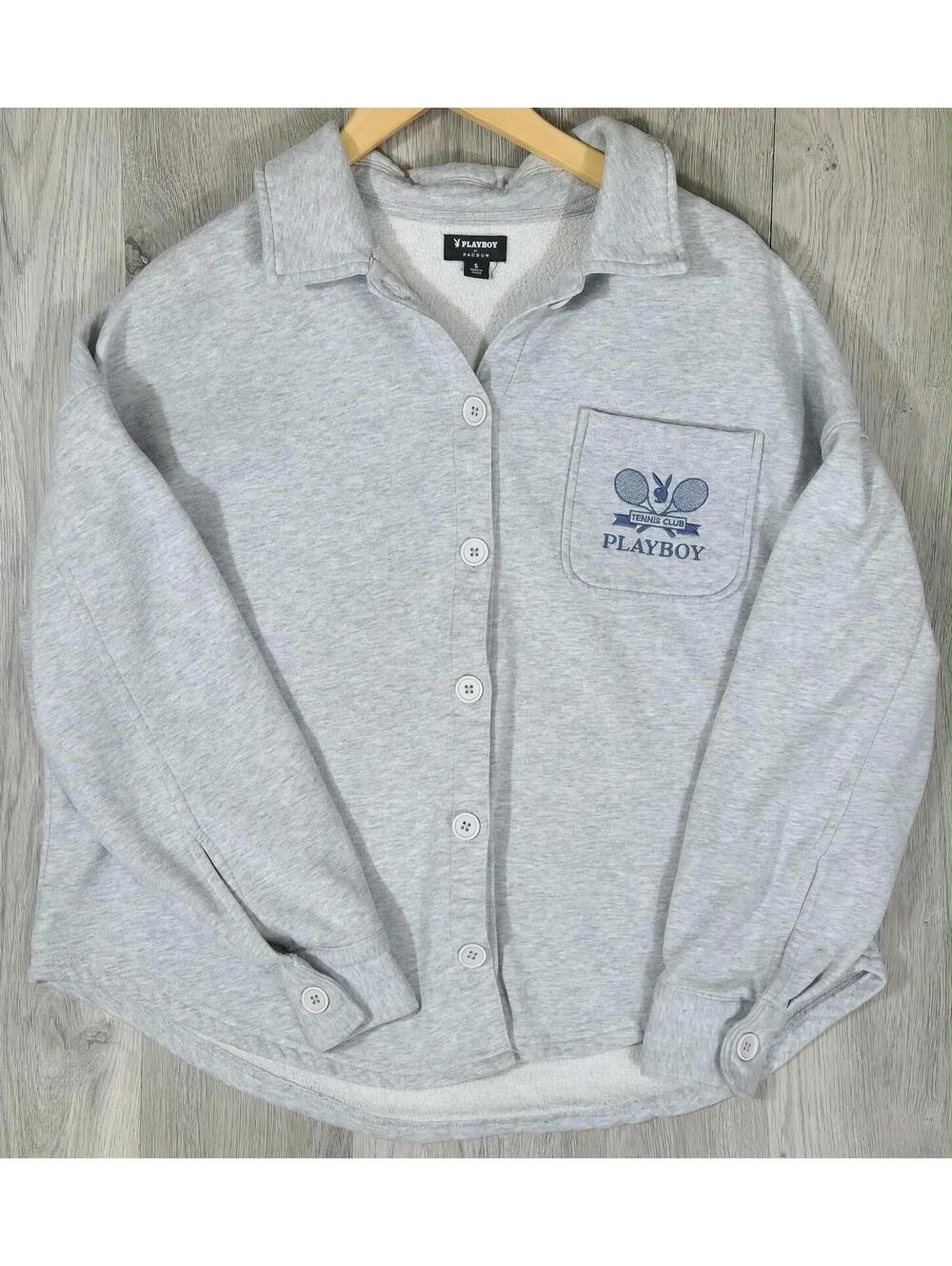 Playboy Tennis Club Gray Button Up Sherpa Lined Jacket#6